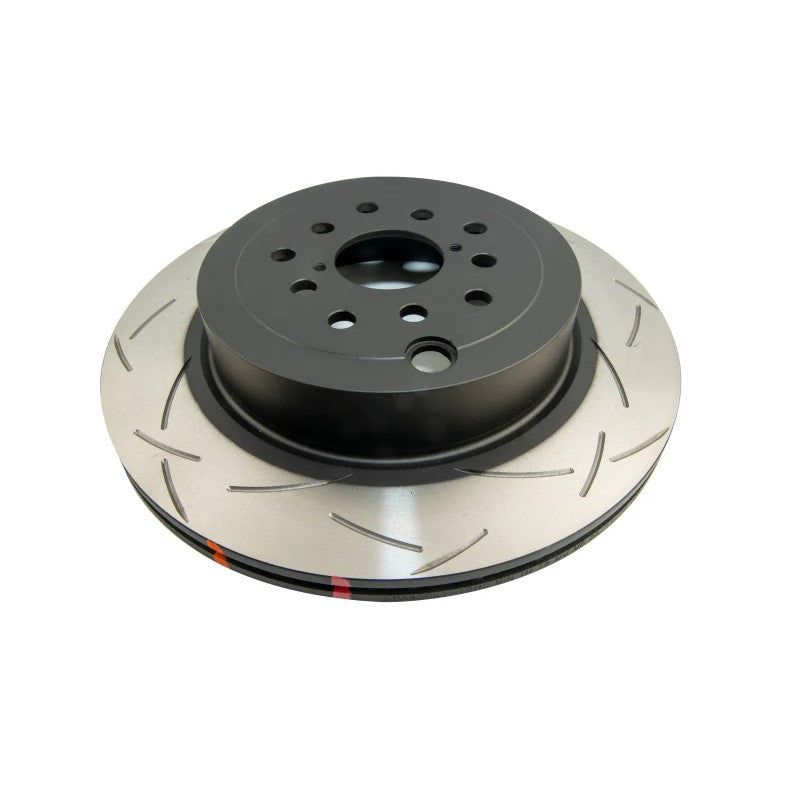 DBA 4000 Series T3 slotted rear brake rotor featuring tri-symmetrical CNC slots and high-carbon alloy construction.