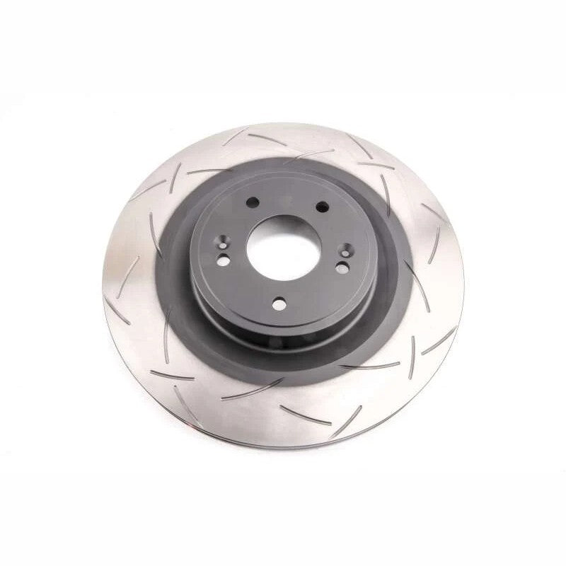DBA 4000 Series T3 front slotted brake rotor with tri-symmetrical T-slots and heat-monitoring paint markings.