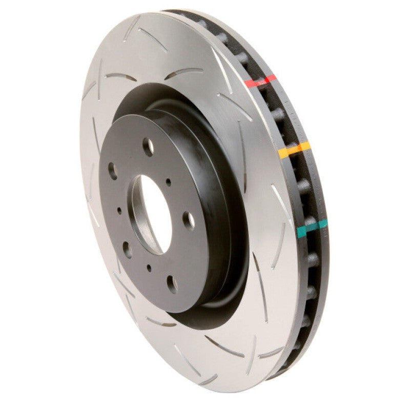 DBA 4000 Series T3 slotted front brake rotor for RAM 1500 featuring tri-symmetrical slots and black protective hub coating