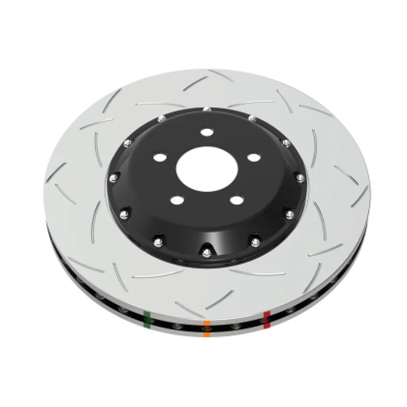 DBA 5000 Series two-piece slotted brake rotor with black aluminum hat and T3 slot pattern friction surface.