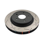 DBA 4000 Series T3 slotted front brake rotor featuring tri-symmetrical slots and high-carbon iron construction.