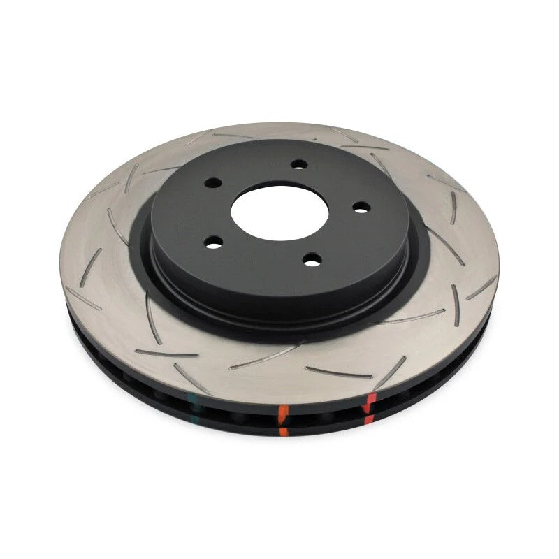 DBA 4000 Series T3 slotted front brake rotor featuring tri-symmetrical slots and high-carbon iron construction.