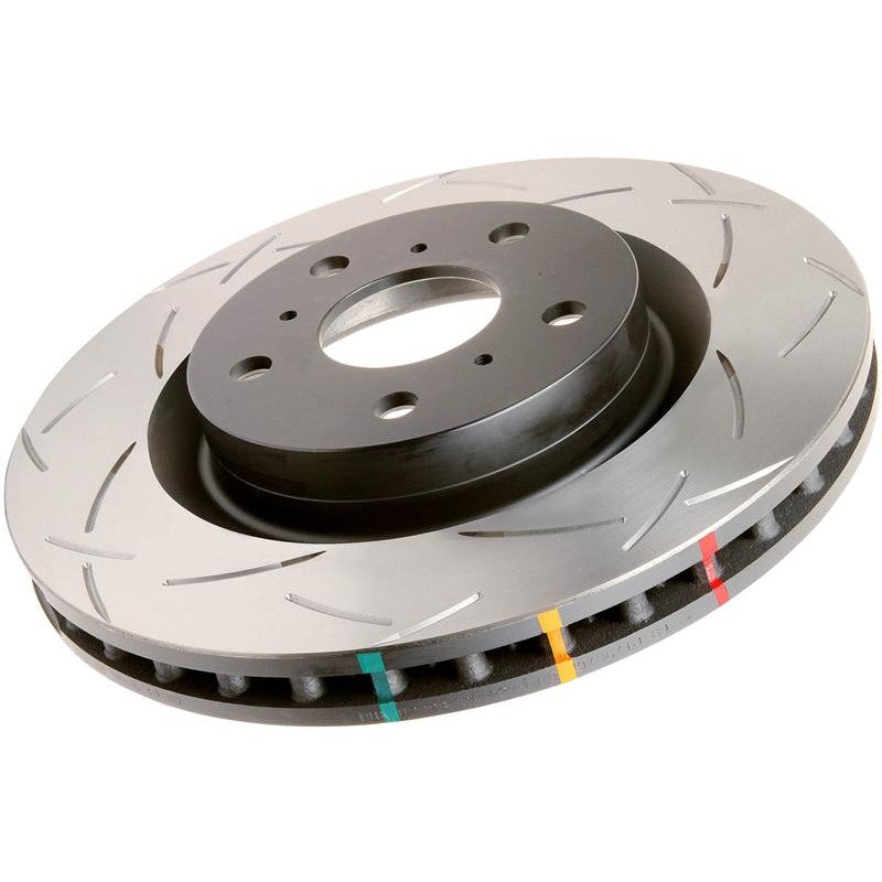 DBA 4000 Series T3 front slotted brake rotor with tri-symmetrical slotting and high-carbon iron finish.