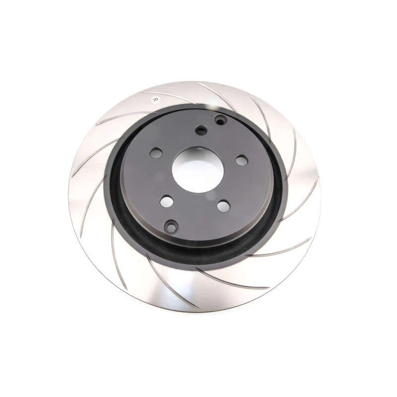 DBA 4000 Series T3 slotted front brake rotor with tri-symmetrical slot pattern and high-carbon iron construction.