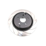 DBA 4000 Series T3 slotted front brake rotor with tri-symmetrical slot pattern and high-carbon iron construction.