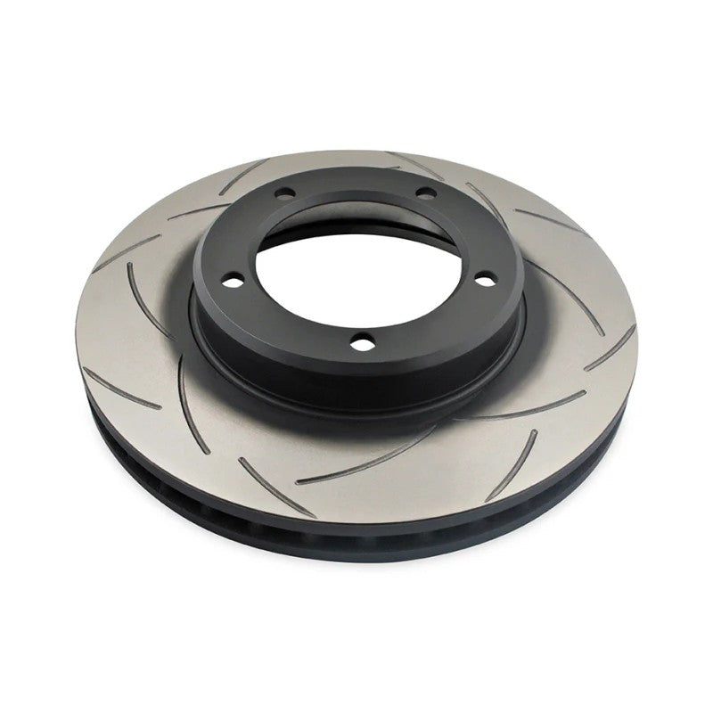 DBA 4X4 Survival T2 series slotted front brake rotor featuring bi-symmetrical slots and reverse mount configuration.