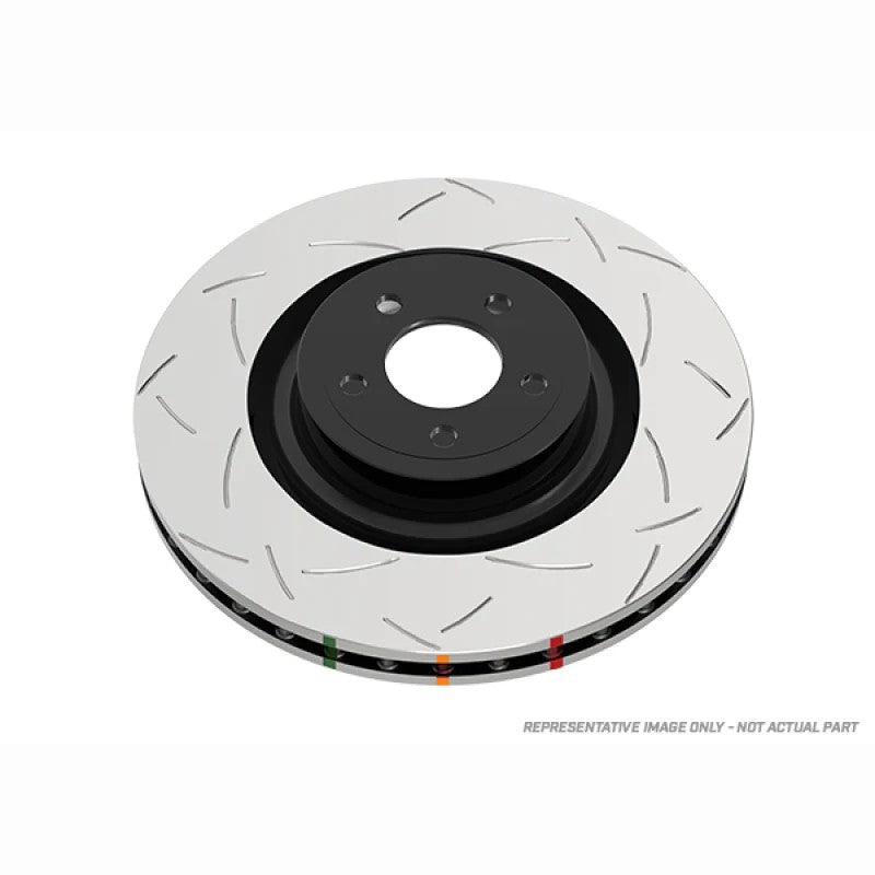 DBA 4000 Series T3 slotted front brake rotor featuring tri-symmetrical slots and high-carbon iron finish.