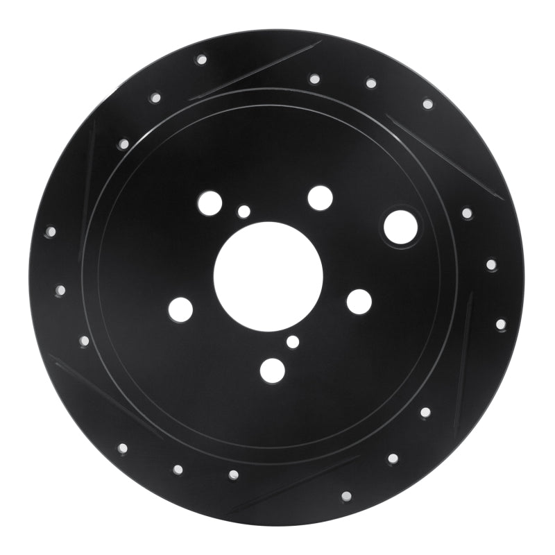 Rear left black drilled and slotted performance brake rotor for 2008-2015 Subaru WRX, Forester, and BRZ.
