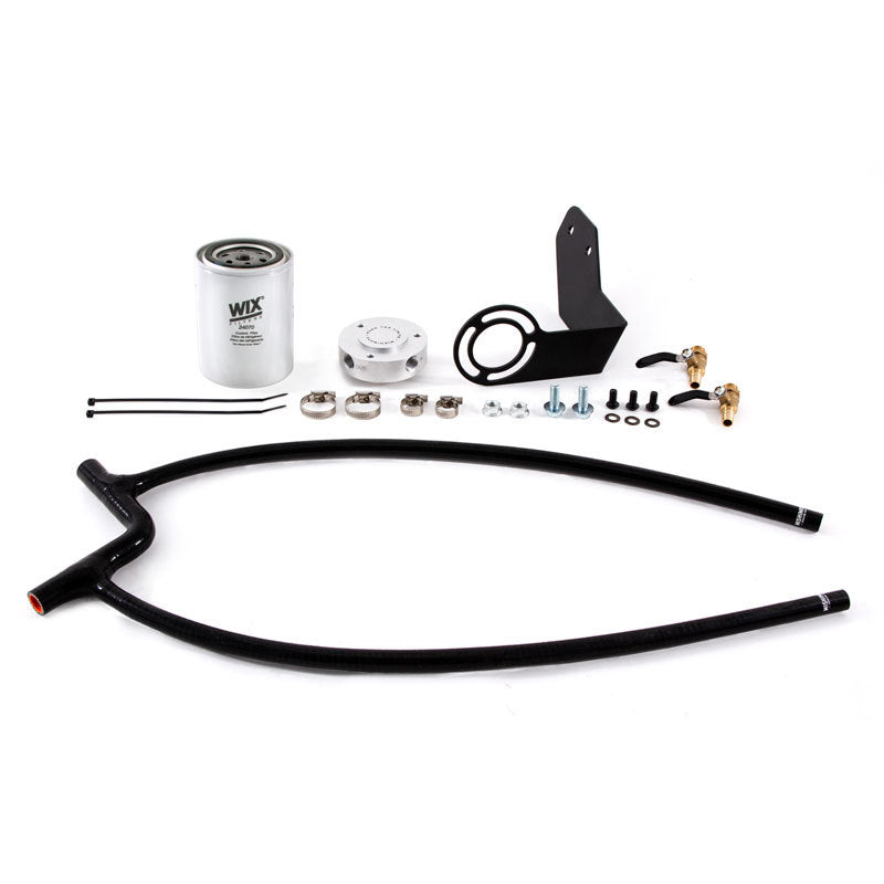 Mishimoto black coolant filtration kit with Wix filter, silicone hoses, and steel bracket for Jeep Wrangler JK.