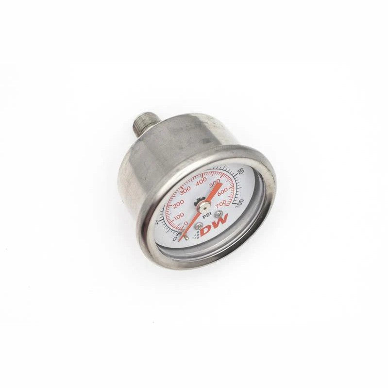 DeatschWerks 6-01-G mechanical fuel pressure gauge showing 0-100 PSI scale with 1/8 inch NPT fitting.