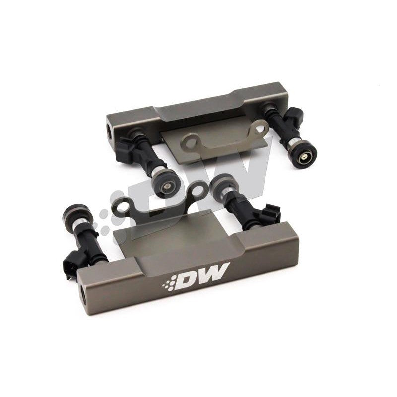 DeatschWerks top feed fuel rail upgrade kit with four 1000cc injectors and mounting hardware for Subaru WRX and STI.