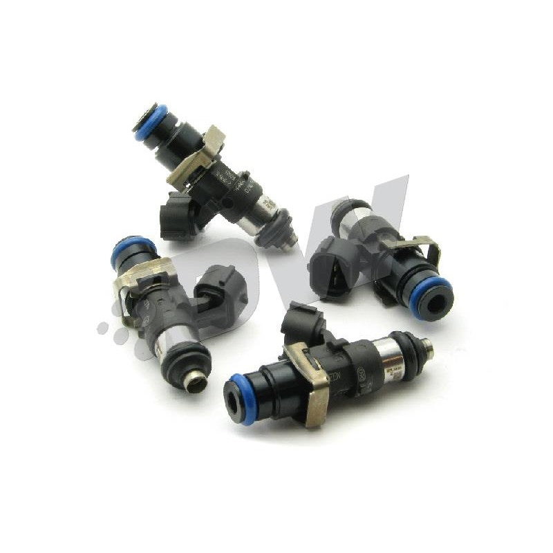 Set of four DeatschWerks 2200cc fuel injectors with O-rings and electrical connectors for Honda and Acura engines.