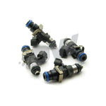 Set of four DeatschWerks 2200cc fuel injectors with O-rings and electrical connectors for Honda and Acura engines.
