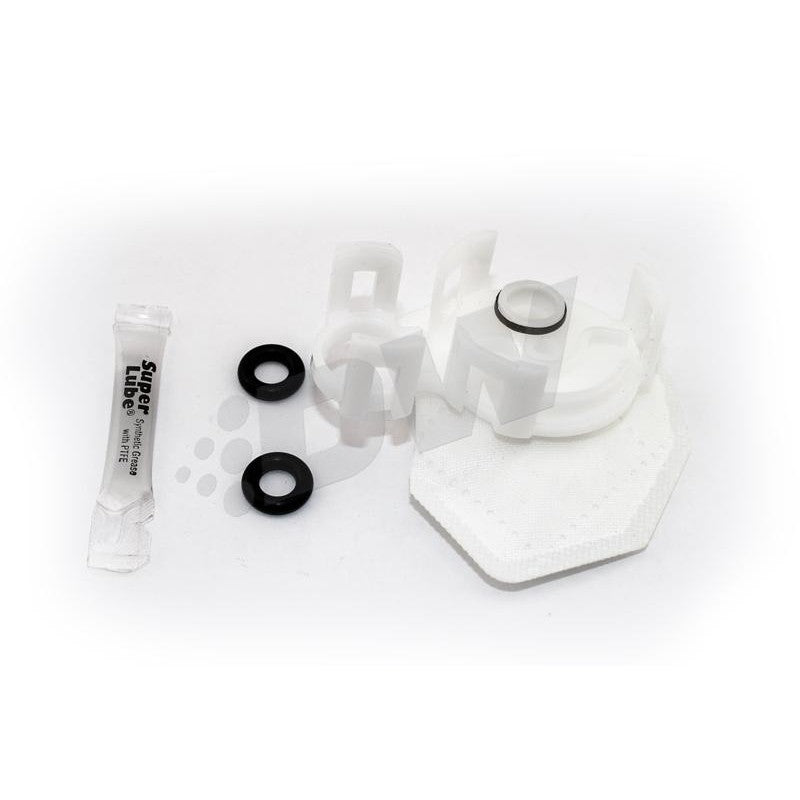 DeatschWerks 9-1026 fuel pump installation hardware kit featuring filter sock, wiring harness, and sealing O-rings