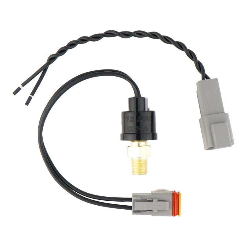 DeatschWerks 15psi pressure-activated Hobbs switch with 1/8 inch NPT threads and electrical wiring pigtail harness.