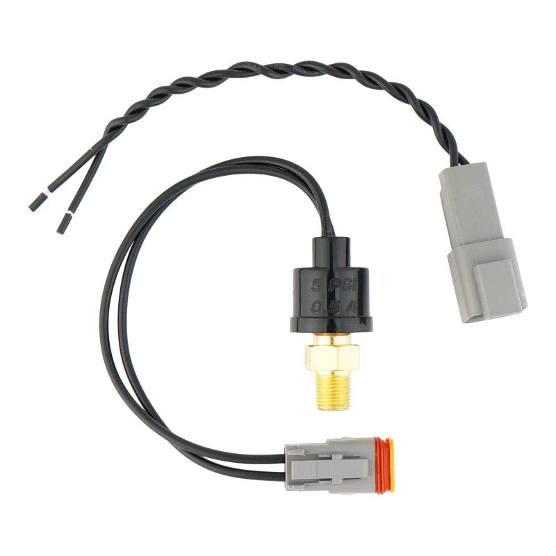 DeatschWerks 5psi Hobbs switch with 1/8 inch NPT male threads and included electrical wiring pigtail connector.