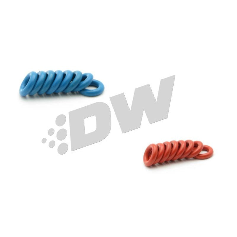 Set of eight DeatschWerks 50lb fuel injectors for GM LS3, LS7, and LS9 engines with blue O-rings.