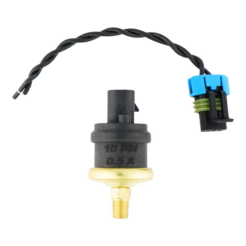 DeatschWerks adjustable Hobbs pressure switch with 1/8 inch NPT threads and electrical wiring pigtail harness.