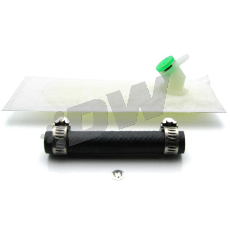 DeatschWerks 255 LPH in-tank fuel pump kit with installation hardware and fuel strainer.