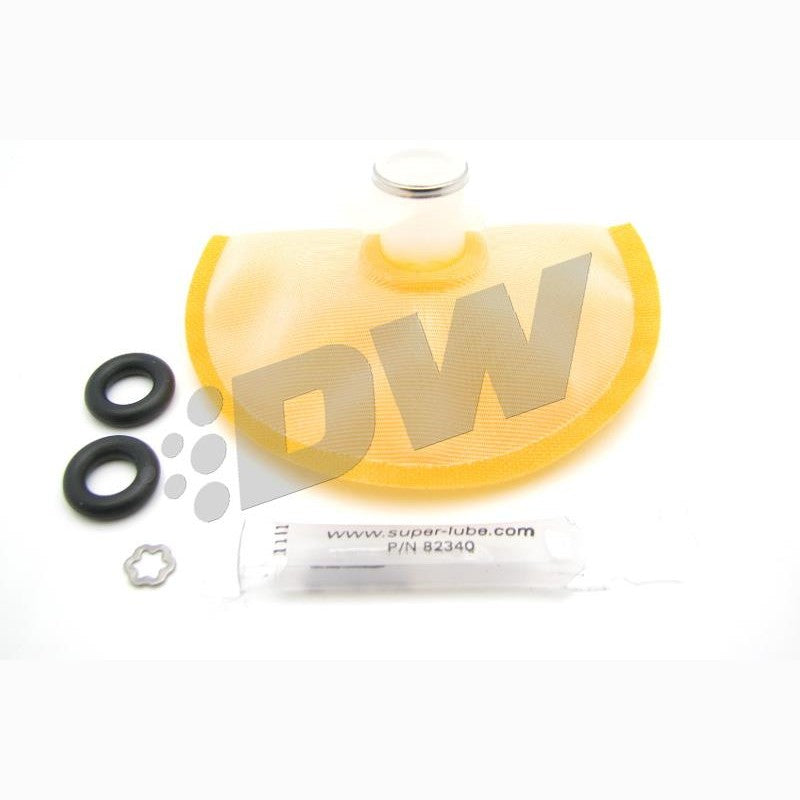 DeatschWerks DW65c 265 LPH compact in-tank fuel pump with filter sock and installation hardware kit.
