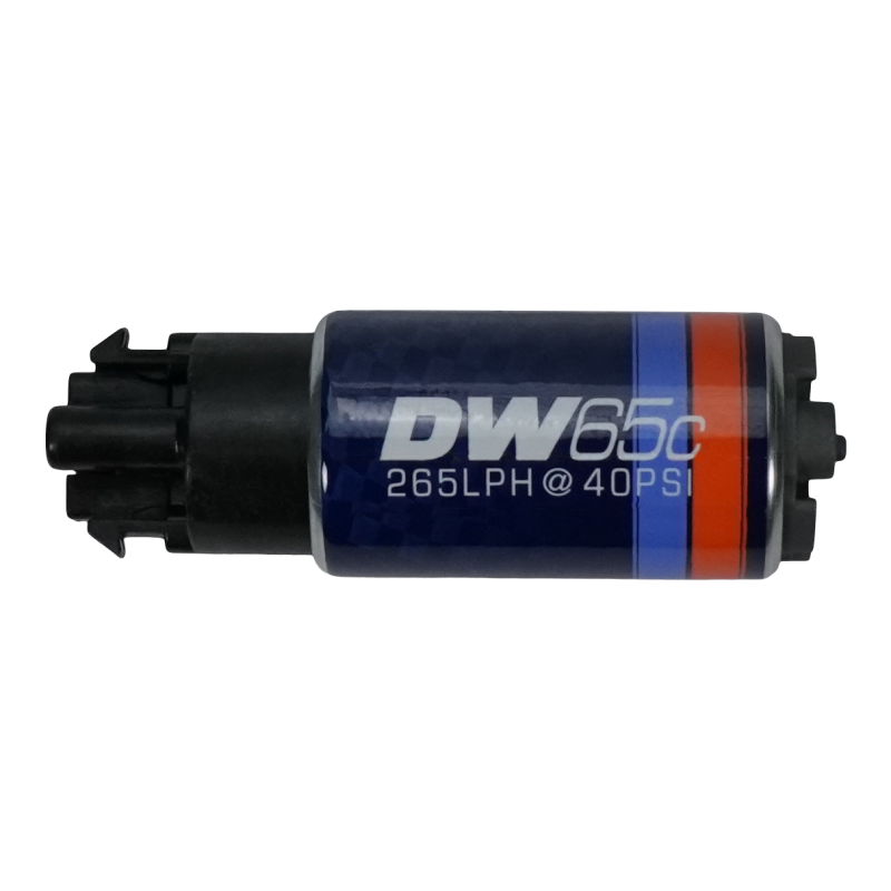 DeatschWerks DW65c Series 265 LPH compact in-tank fuel pump shown with included metal mounting clips.
