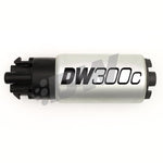 DeatschWerks 340lph DW300C compact fuel pump with installation strainer, mounting clips, and wiring harness.