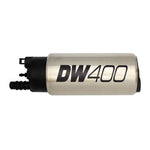 DeatschWerks DW400 415LPH high-flow fuel pump with 1/8-inch venturi and 9-1047 installation kit hardware.