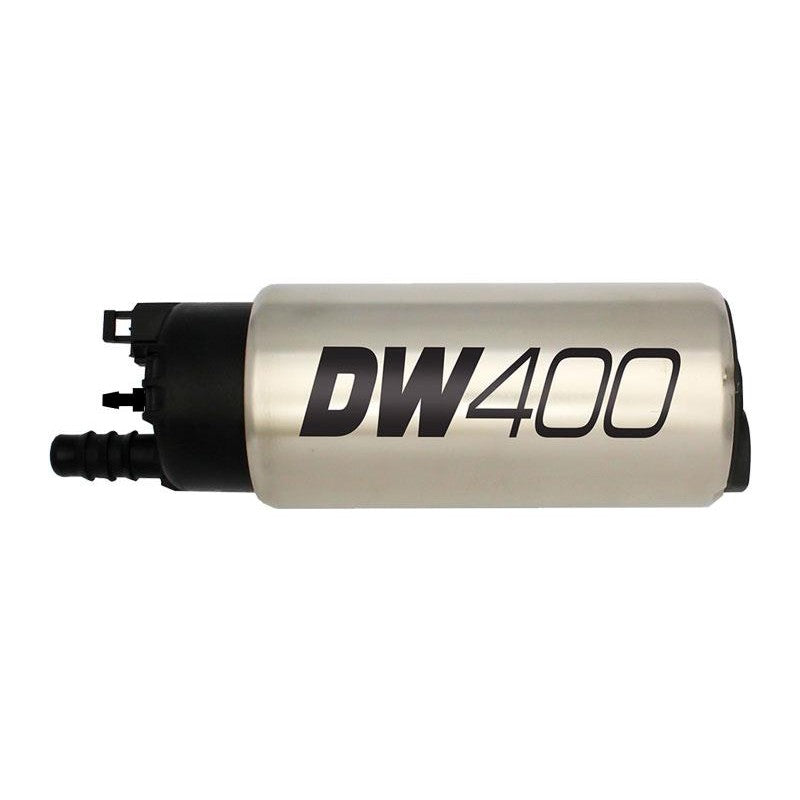 DeatschWerks DW400 415LPH high-flow fuel pump with 1/8-inch venturi and 9-1047 installation kit hardware.