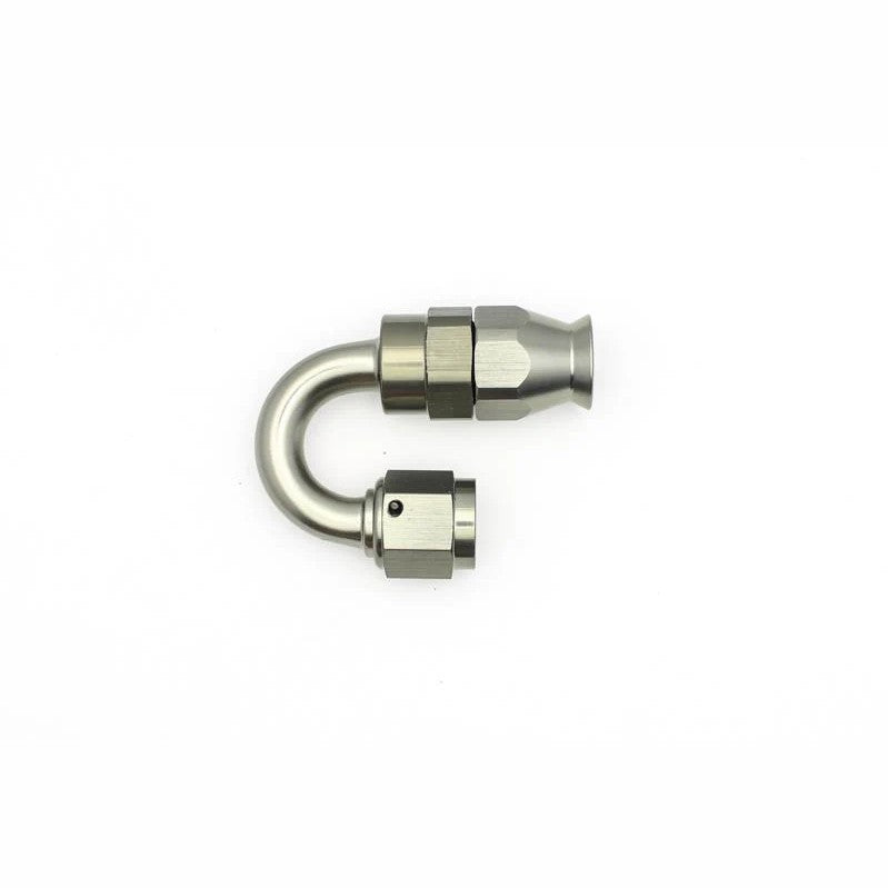DeatschWerks 6AN 180-degree female swivel PTFE hose end fitting with included olive insert ferrule.