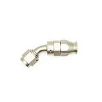 DeatschWerks 6AN 45-degree female swivel hose end for PTFE lines with included brass olive insert.