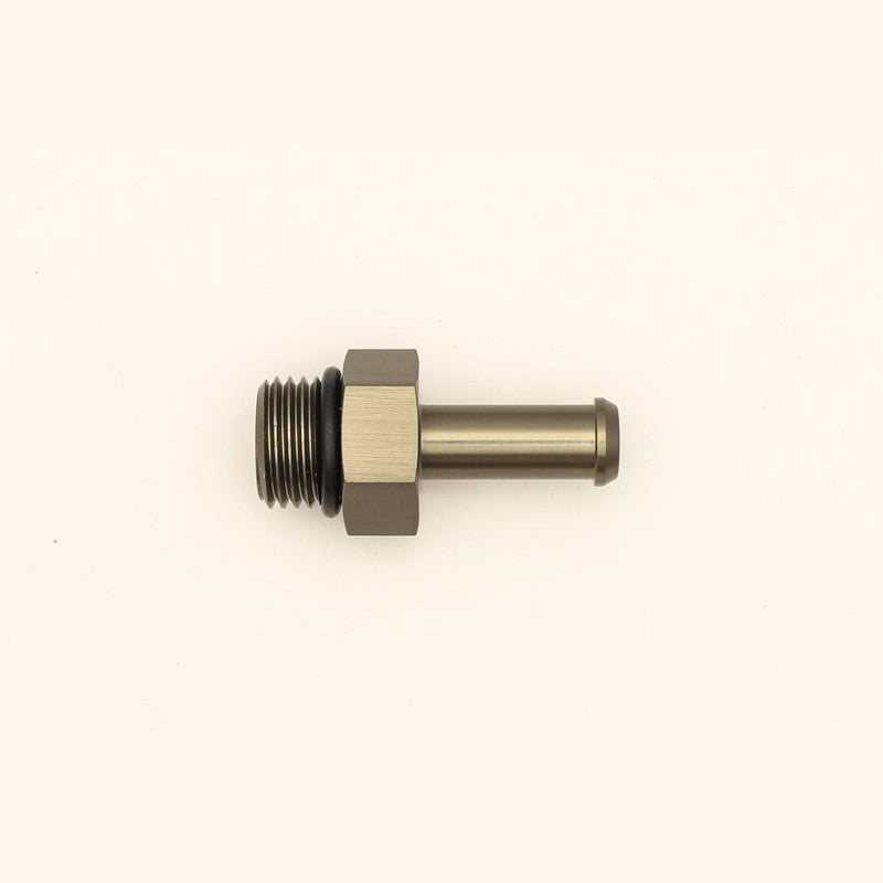 DeatschWerks fuel adapter fitting showing 6AN ORB male threads and a 5/16 inch single hose barb