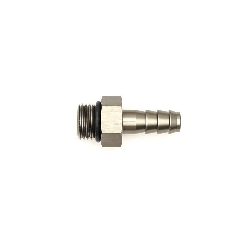 DeatschWerks 6-02-0502 fuel fitting with -6 AN ORB male threads and a 5/16 inch triple barb and O-ring.
