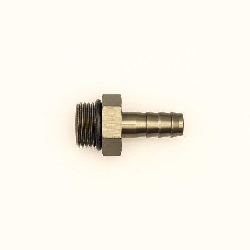 DeatschWerks 8AN ORB male to 3/8 inch male triple barb fuel system adapter fitting with black O-ring.