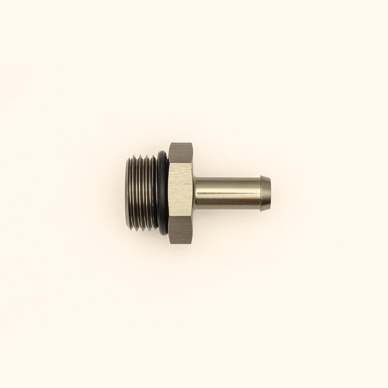 DeatschWerks 8AN ORB male to 5/16 inch male hose barb adapter fitting with pre-installed black O-ring.