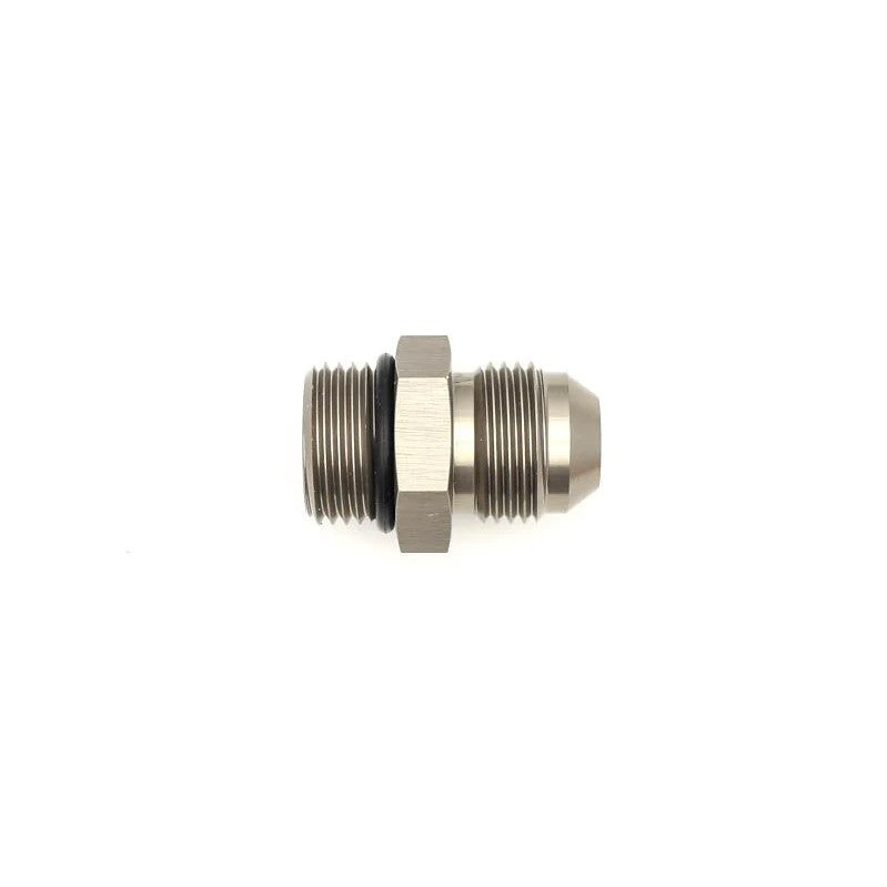 DeatschWerks black anodized aluminum 8AN ORB male to 8AN male flare adapter fitting with O-ring.