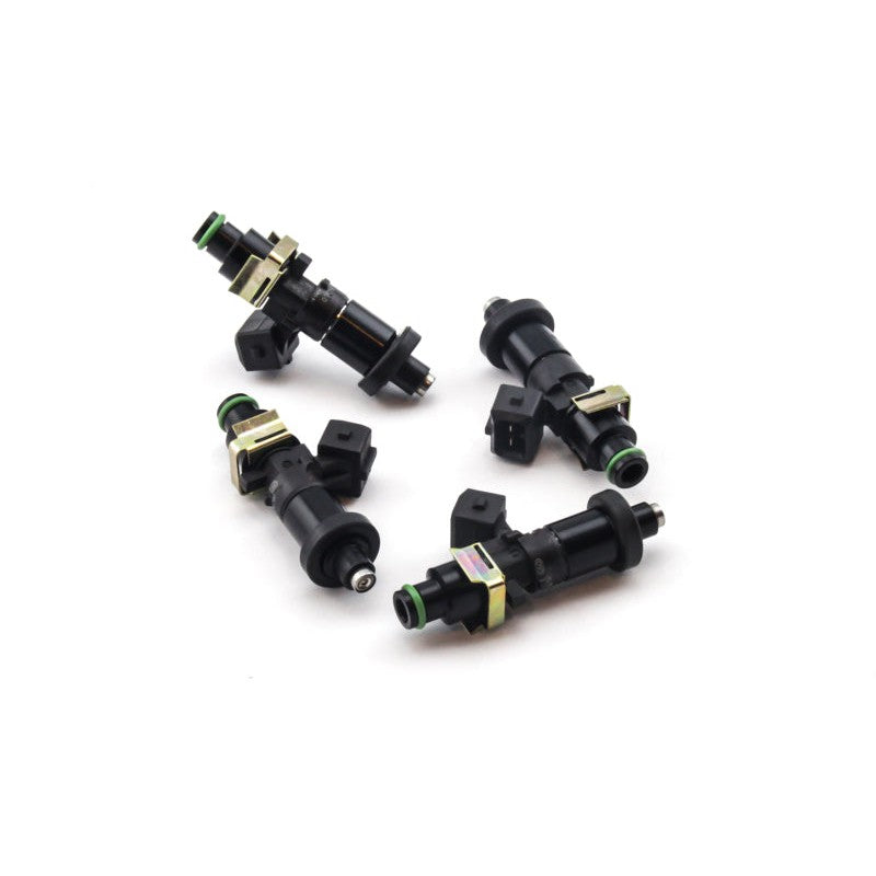 Set of four DeatschWerks 1200cc Bosch EV14 fuel injectors with blue O-rings for Honda and Acura B/D/H-series engines.
