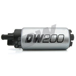 DeatschWerks DW200 255 LPH fuel pump with filter sock and installation hardware.