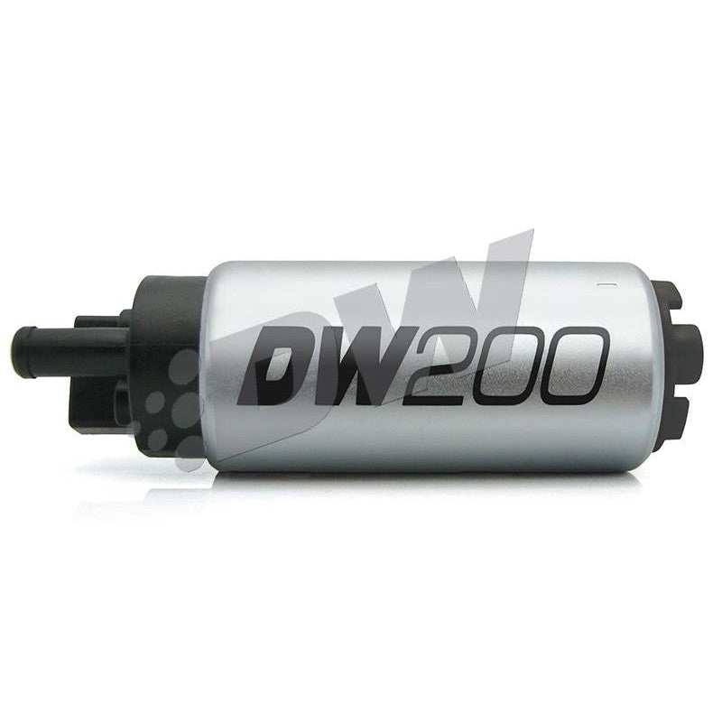 DeatschWerks DW200 255 LPH fuel pump with filter sock and installation hardware.