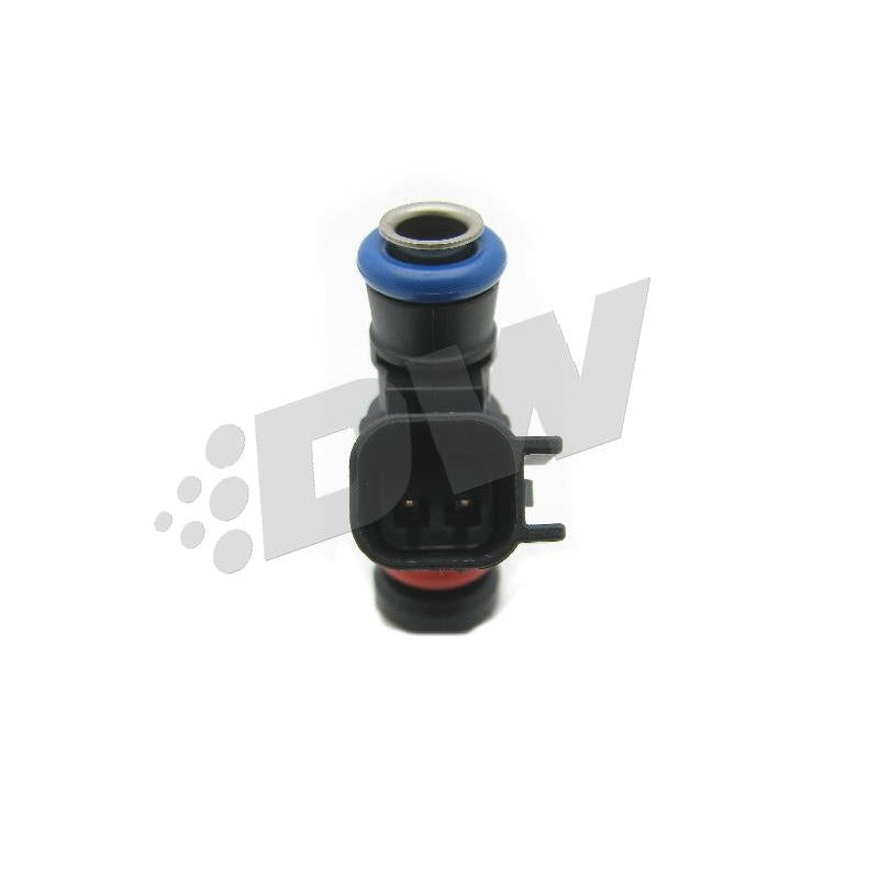 Set of eight DeatschWerks Bosch EV14 40mm compact fuel injectors with black bodies and blue O-rings.
