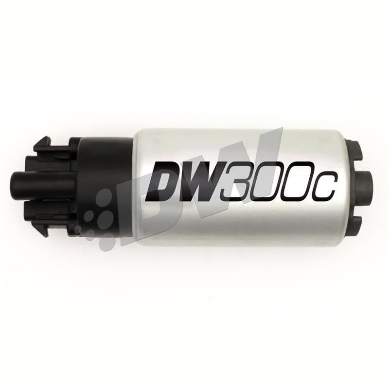 DeatschWerks DW300C 340lph compact fuel pump with 08-12 GT-R installation kit, filter sock, and electrical connector.