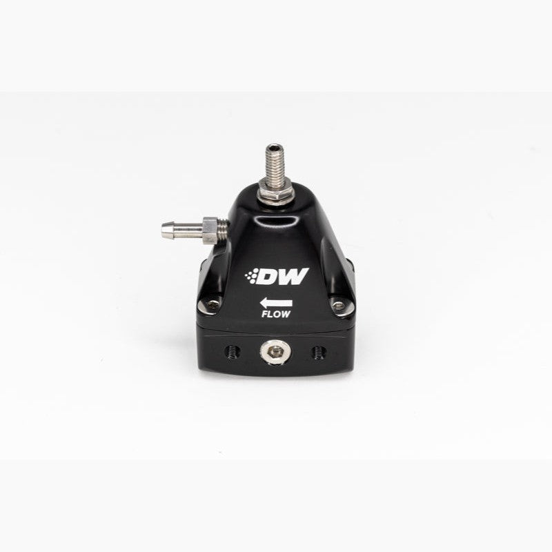 Black anodized DeatschWerks DWR1000iL in-line adjustable fuel pressure regulator