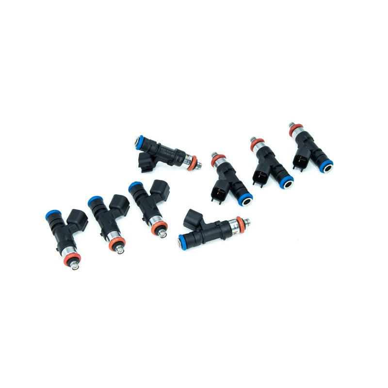 Set of 8 DeatschWerks 42lb fuel injectors for 6.0L LS2 engines in Cadillac, Chevrolet, and Pontiac vehicles.