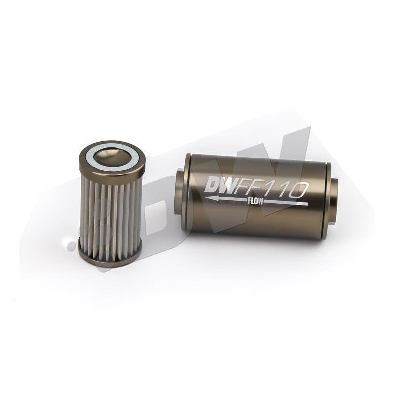 DeatschWerks stainless steel inline fuel filter housing with 10AN fittings and 100 micron filter element