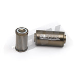 DeatschWerks stainless steel inline fuel filter housing with 10AN fittings and 100 micron filter element