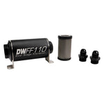 DeatschWerks 110mm stainless steel inline fuel filter housing with -8AN adapters and 10 micron mesh element