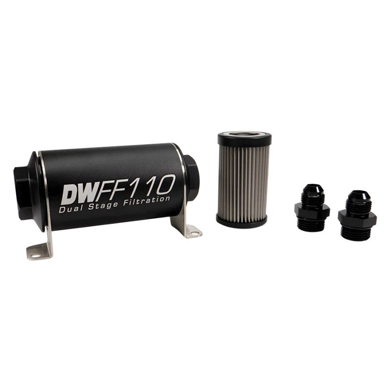 DeatschWerks 110mm stainless steel inline fuel filter housing with -8AN adapters and 10 micron mesh element