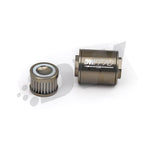 DeatschWerks 70mm stainless steel inline fuel filter housing with 8AN fittings and 100 micron filter element.