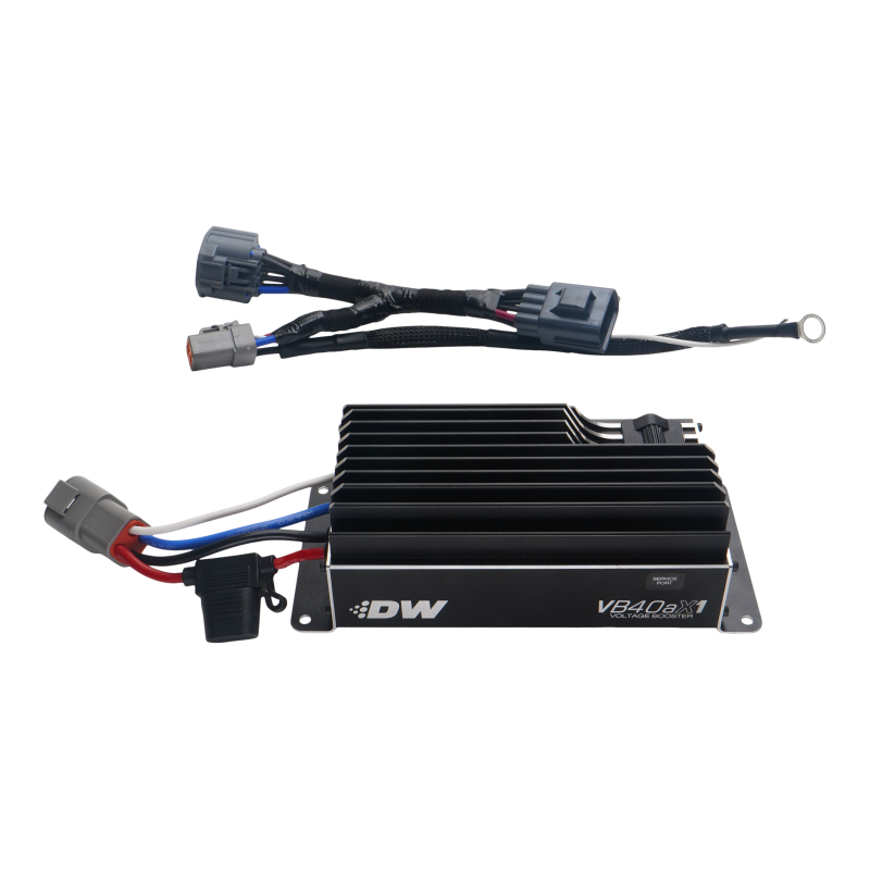 DeatschWerks VB40AX1 voltage booster module with Ford Mustang specific plug-and-play wiring harness.