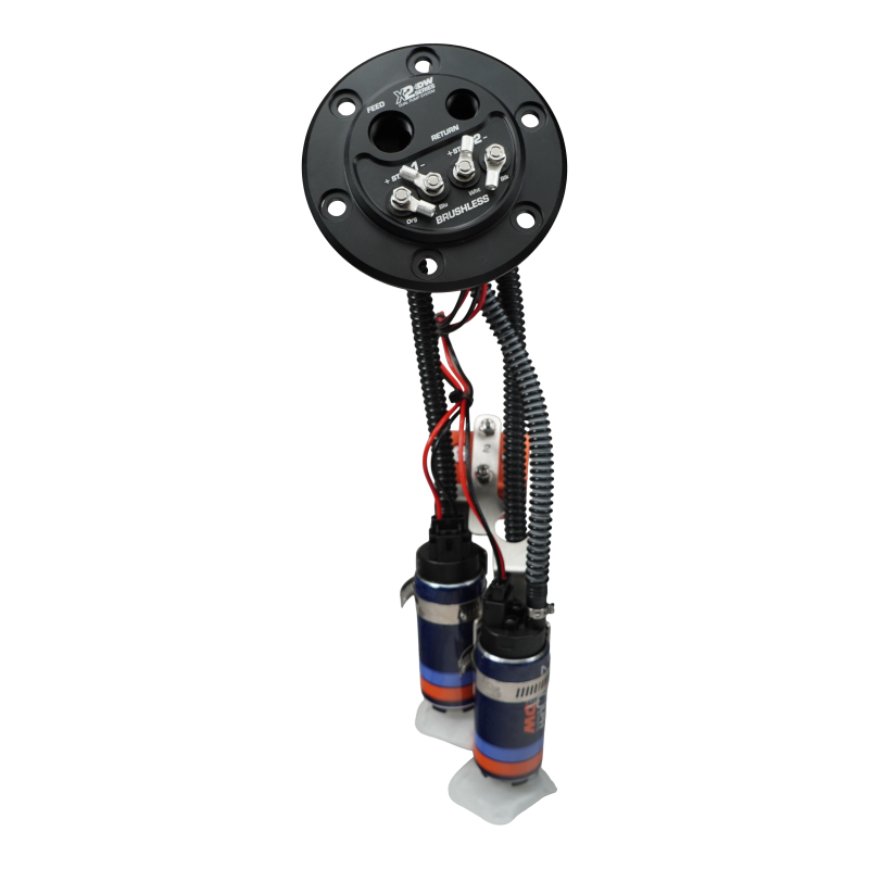 DeatschWerks X2 Series fuel pump hanger assembly with dual DW420 pumps for Honda Civic and Acura Integra.