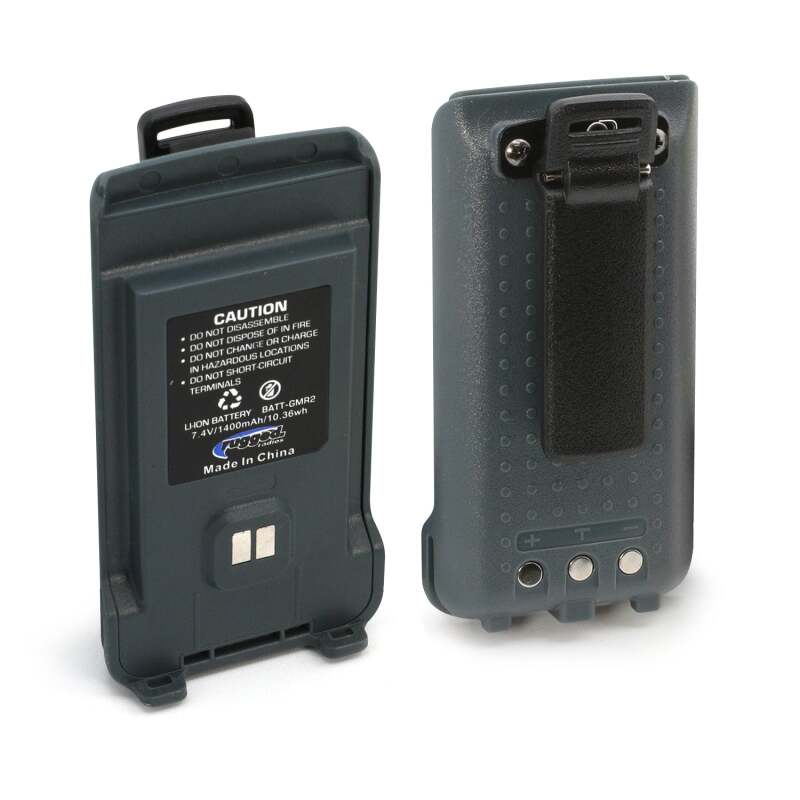 Grey Rugged Radios GMR2 replacement lithium-ion battery showing the integrated 12V charge port and belt clip.